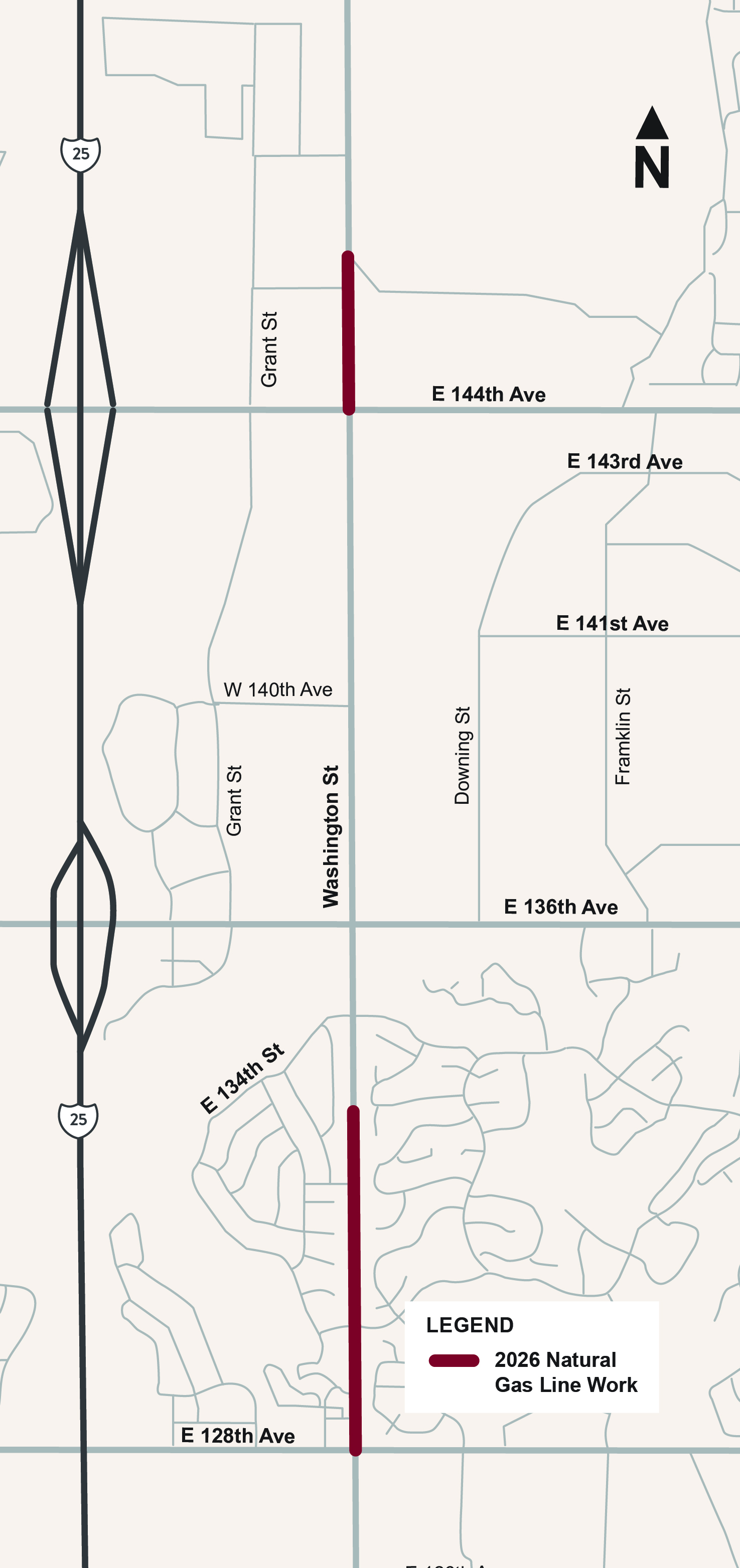 Project area is along Washington Street between 76th Ave and 105th Pl/Washington Way.
