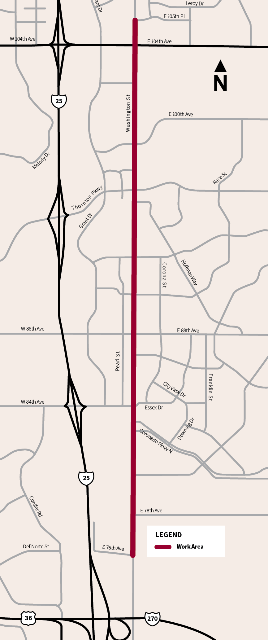 Project area is along Washington Street between 76th Ave and 105th Pl/Washington Way.